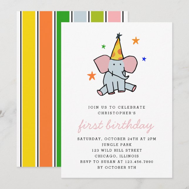 Invitation Bébé mignon Eléphant Première fête d'anniversaire (Devant / Derrière)