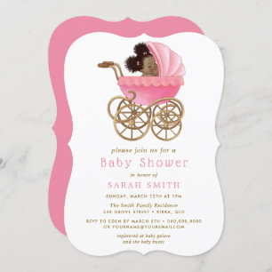 Invitation Bébé mignon en poussette Pram Baby shower rose