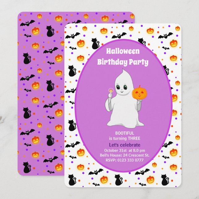 Invitation Bébé mignon fantôme Halloween Anniversaire Invitat (Devant / Derrière)