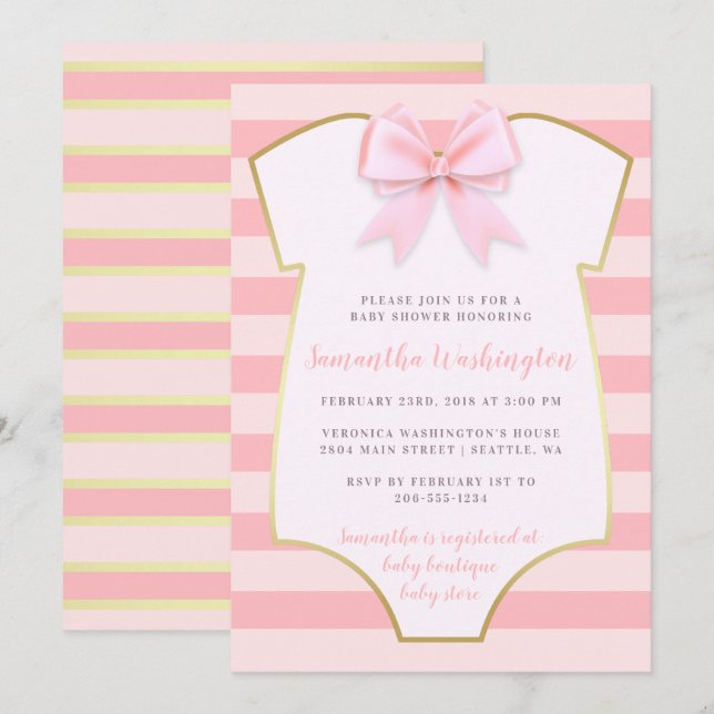 Invitation Bébé mignon fille Blush Bow rose et Baby shower or (Devant / Derrière)