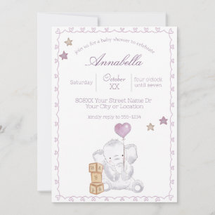 Invitation Bébé mignon fille éléphant et ballons aquarelle