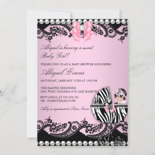 Invitation Bébé mignon fille Zebra dentelle et Baby shower de