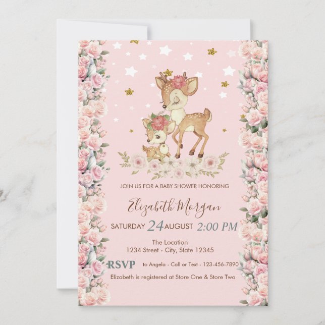 Invitation Bébé mignon Fleurs cerfs Rose Étoiles Baby shower (Devant)