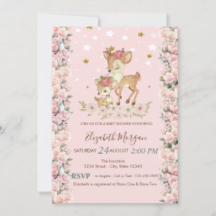 Invitation Bébé mignon Fleurs cerfs Rose Étoiles Baby shower