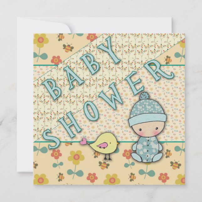 Invitation Bébé mignon garçon et oiseau bébé douche Invitatio (Devant)