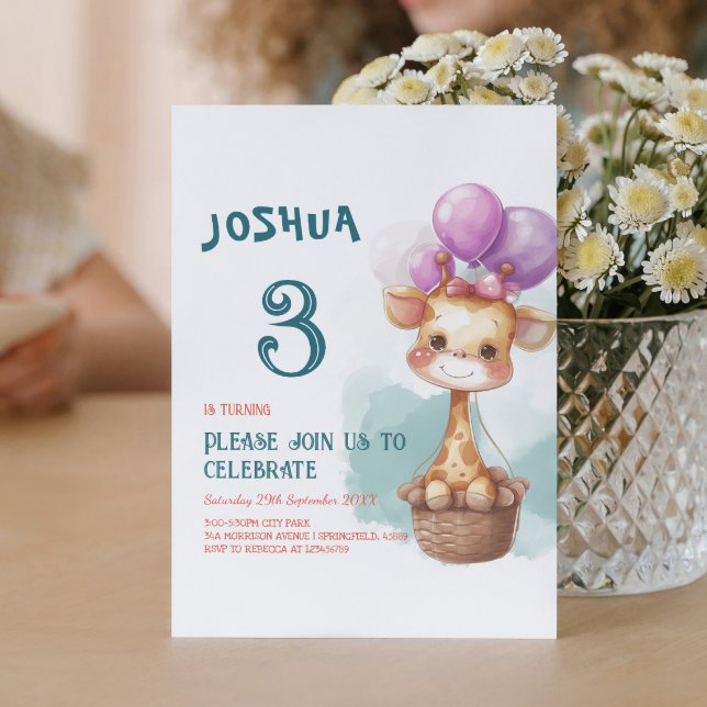 Invitation Bébé mignon Giraffe I Ballons Anniversaire de enfa (Créateur téléchargé)