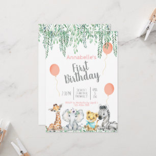 Invitation Bébé mignon Jungle Animaux Verdure Premier anniver