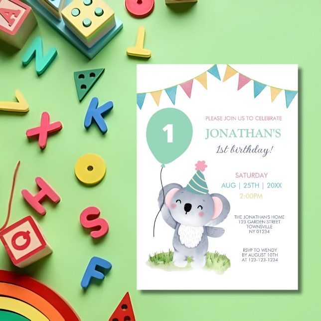 Invitation Bébé mignon Koala Balloon Party Drapeau Anniversai (Créateur téléchargé)