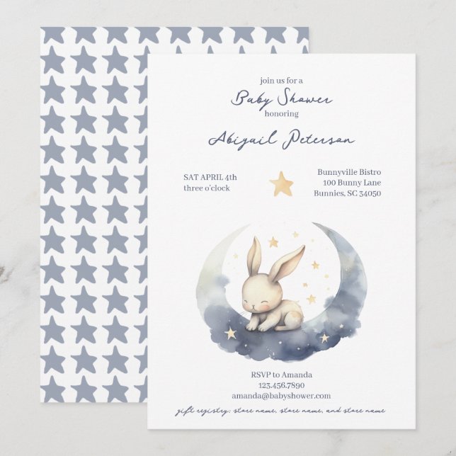 Invitation Bébé mignon lapin sur une lune avec Baby shower ét (Devant / Derrière)
