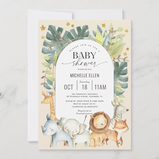 Invitation Bébé mignon moderne animaux Safari thème bébé garç (Devant)