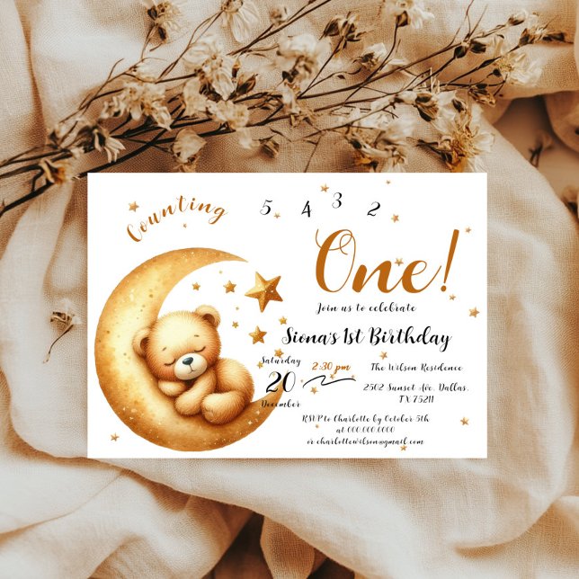 Invitation Bébé mignon Ours dormant sur la Lune 1er anniversa (Créateur téléchargé)