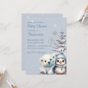 Invitation Bébé mignon Ours polaire et pingouin Pôle Nord hiv