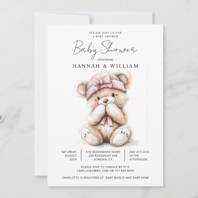Invitation Bébé mignon ours Teddy Baby shower fille (Devant)