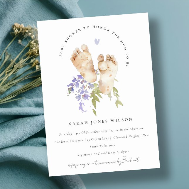Invitation Bébé mignon Pieds Bleu Floral Foliage Baby shower  (Créateur téléchargé)