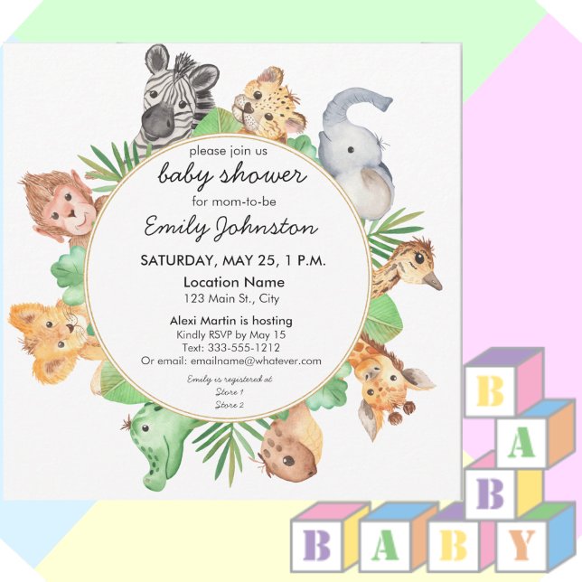 Invitation Bébé mignon Safari Animaux Carré Baby shower (Créateur téléchargé)