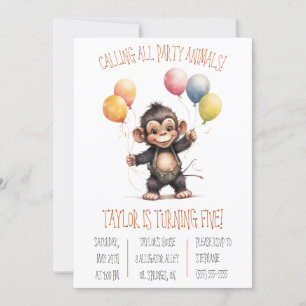 Invitation Bébé mignon singe avec ballons fête d'anniversaire