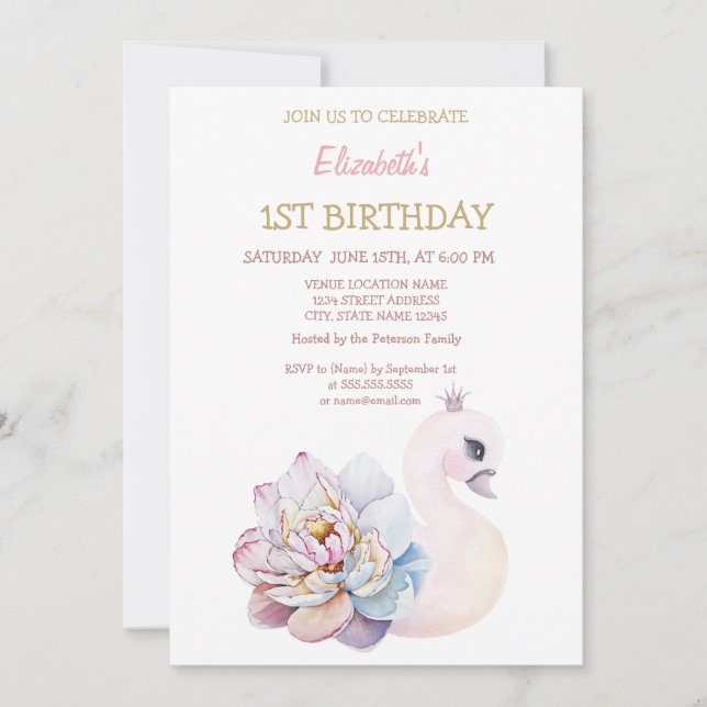 Invitation Bébé mignon Swan Fleur rayé Anniversaire (Devant)