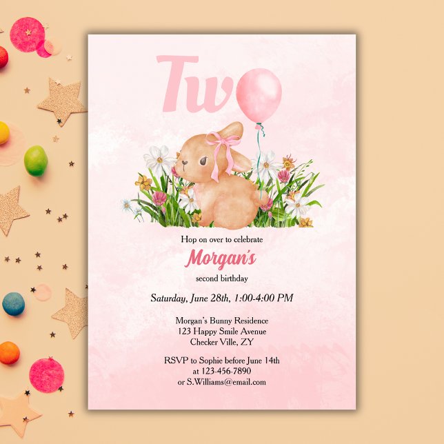 Invitation Bébé mignon tourne deux filles roses 2e anniversai (Créateur téléchargé)