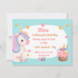 Invitation Bébé mignon Unicorn Pastel Rainbow Cupcake Anniver