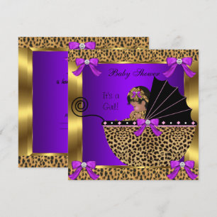 Invitation Bébé mignonne Baby shower fille Leopard Purple Gol