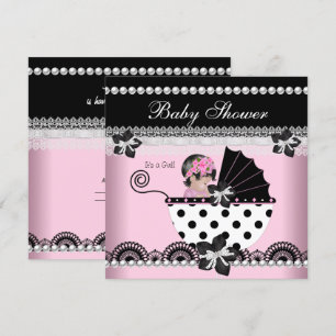 Invitation Bébé mignonne Baby shower fille rose perle noire