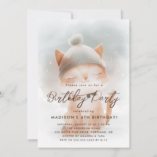 Invitation Bébé mignonne Chat d'hiver fête d'anniversaire (Devant)