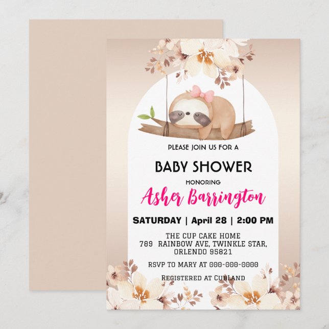 Invitation Bébé mignonne paresse rose or fleur baby shower (Devant / Derrière)