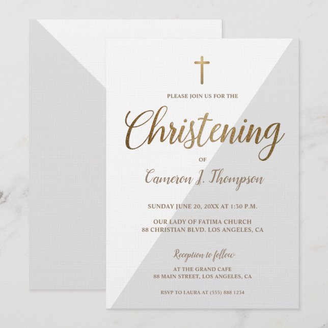 Invitation Bébé moderne gris blanc or Christing (Devant / Derrière)