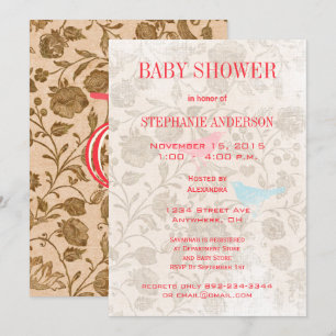 Invitation Bébé moderne oiseaux vintage douche rose aqua bleu