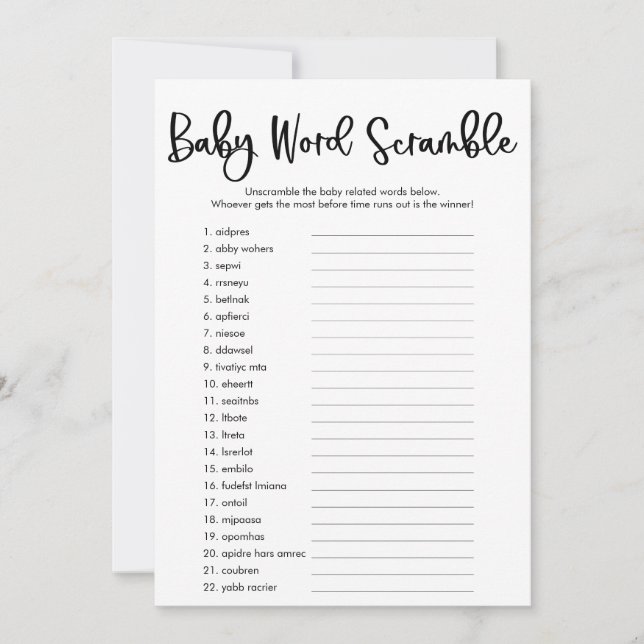 Invitation Bébé mot scramble baby shower jeu simple moderne (Devant)
