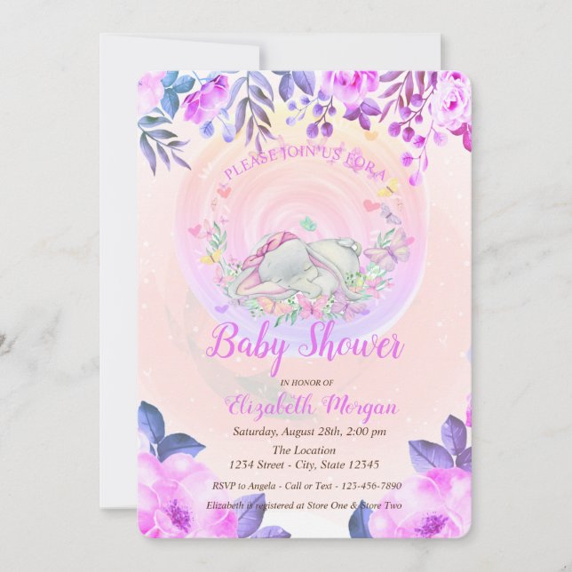 Invitation Bébé mou Papillons éléphants Floral (Devant)