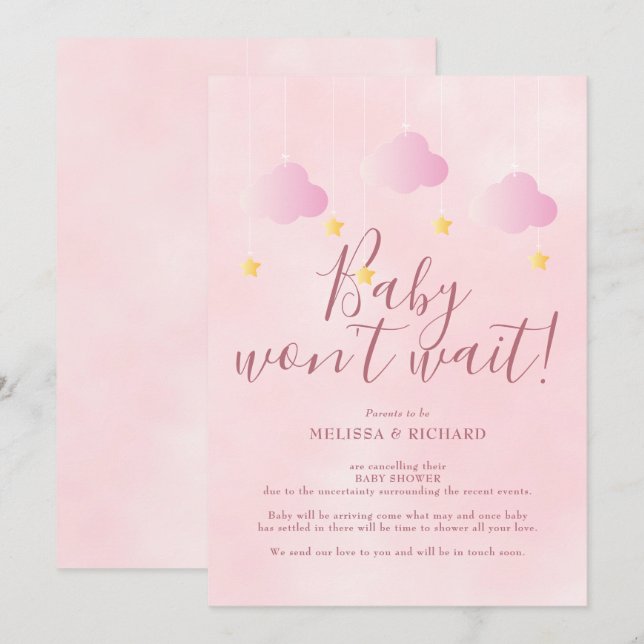 Invitation Bébé n'attend pas Fille rose Baby Shower (Devant / Derrière)