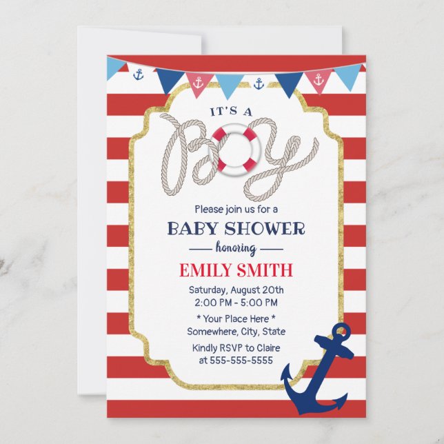 Invitation Bébé Nautique Boy Douche Marine Ancre Red Stripes (Devant)