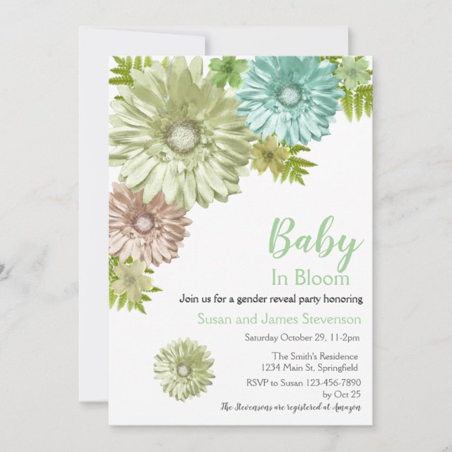 Invitation Bébé Neutre Sur Le Sexe Dans La Fleur Parti Révéla (Devant)