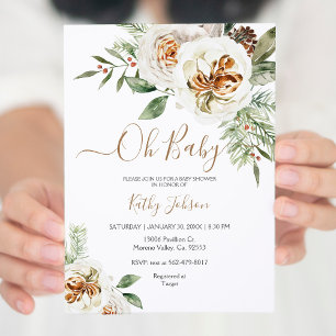 Invitation Bébé Noël crémeux Baby shower floral blanc