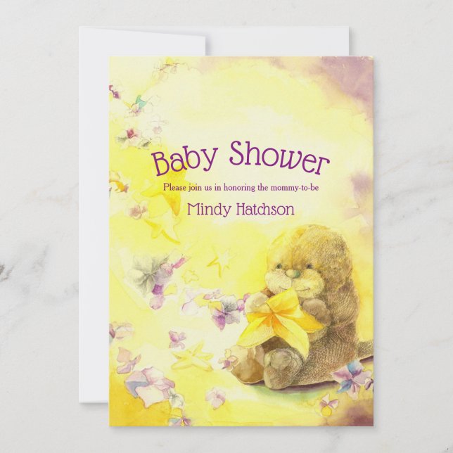 Invitation Bébé Otter violet et Baby shower jaune (Devant)