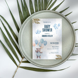 Invitation Bébé Ours Bleu Élégant Baby shower
