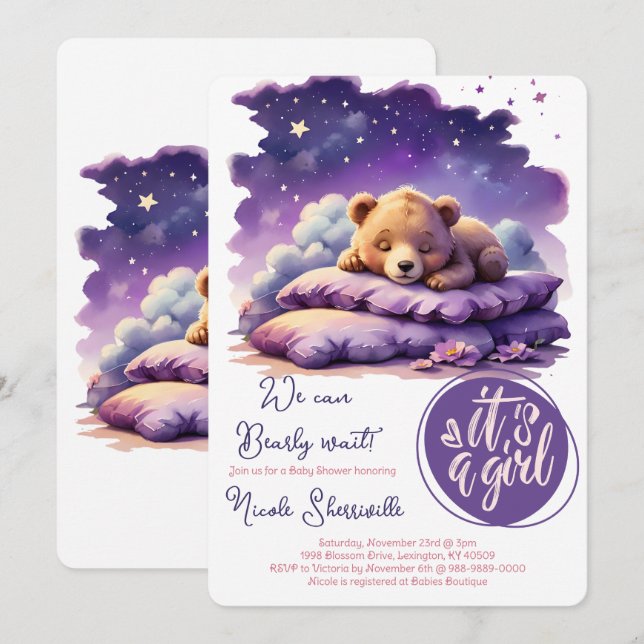 Invitation Bébé ours dormant violet Galaxy Baby shower fille (Devant / Derrière)