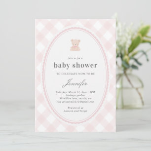 Invitation Bébé ours en peluche Baby shower_Rose 