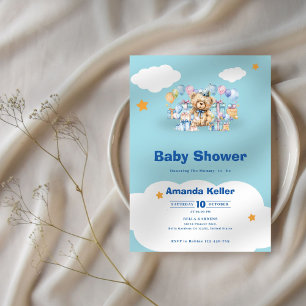 Invitation Bébé Ours Nuage Bleu Élégant