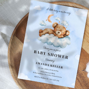 Invitation Bébé Ours Sommeil Baby shower bleu mou