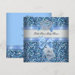 Invitation Bébé Pailleté Couronne de Petit Prince Bleu Shower