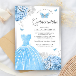 Invitation Bébé Papillon Floral Bleu Argent Quinceanera
