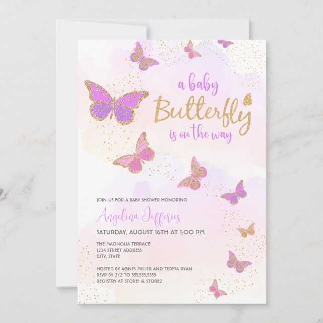 Invitation Bébé papillon sur le chemin Baby shower (Devant)