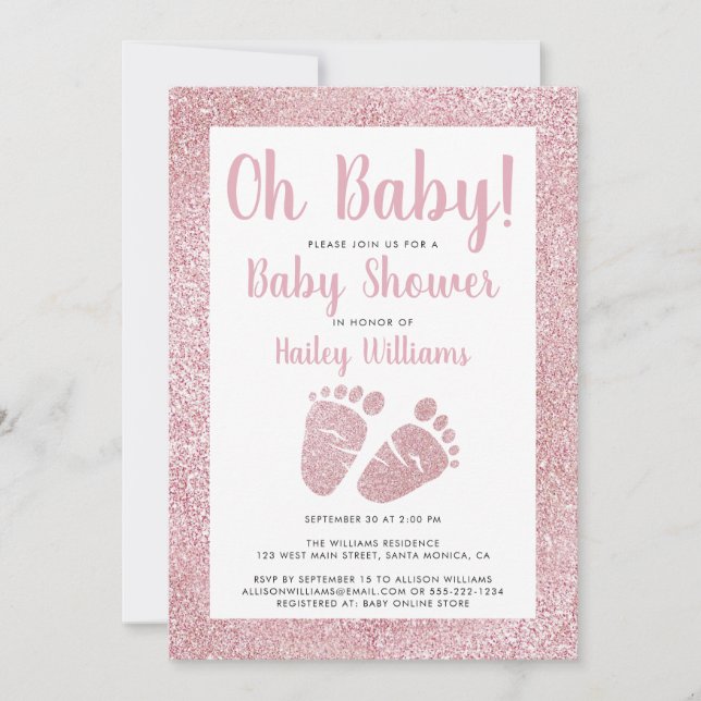 Invitation Bébé Parties scintillant rose Pieds bébé Douche po (Devant)