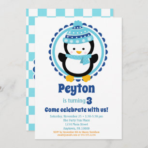 Invitation Bébé Penguin Bleu hiver fête d'anniversaire