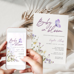 Invitation Bébé pourpre en fleur Baby shower Fleur sauvage