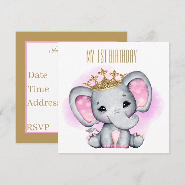 Invitation bébé premier anniversaire Princesse éléphant (Devant / Derrière)