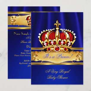 Invitation Bébé Prince Ciel Fête Garçon Bleu Royal Or Rouge C