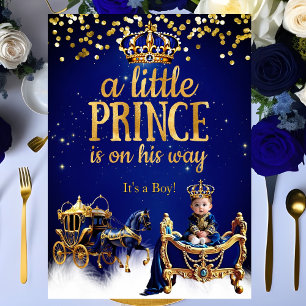 Invitation Bébé Prince Fête Prénatale Bleu Or Carrosse Paille